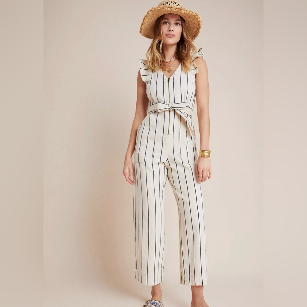 Anthropology Hedda Stripped Sleeveless Jumpsuit Sz 4 in Cream, Navy (READ)
